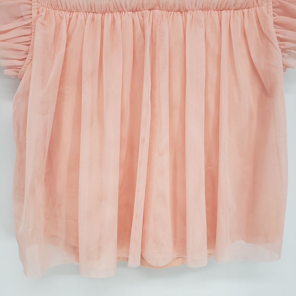 Joie Ruffle Tulle Mesh Blouse Women Medium Peach Pink Sheer Pleated Flutter Top - Picture 7 of 8